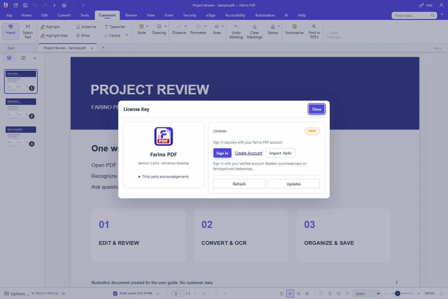 2. Akun, lisensi, dan trial — Farino PDF desktop workspace