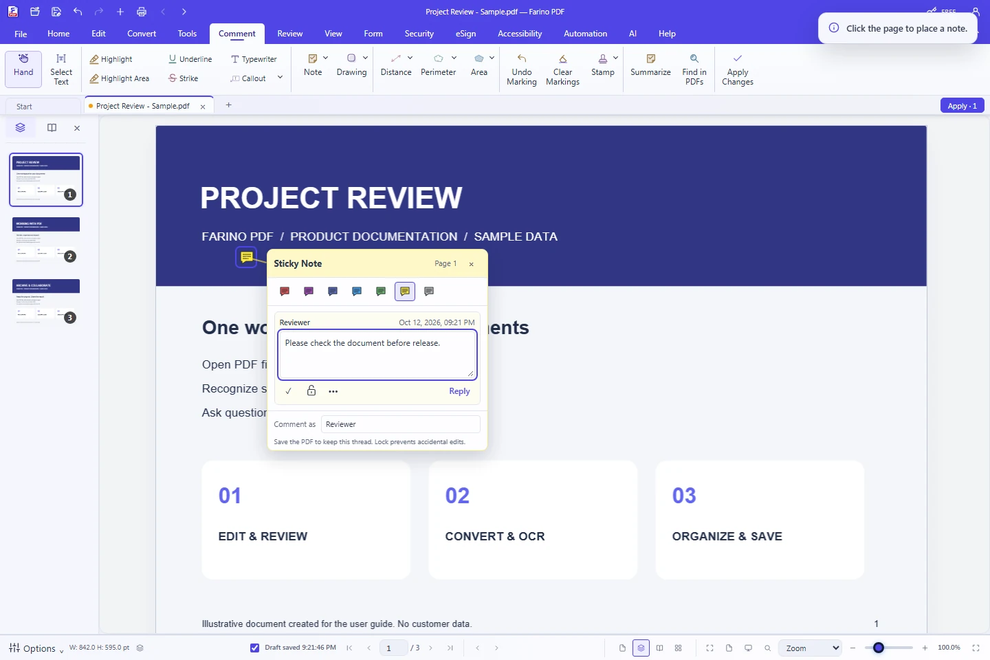 9. Note, balasan, dan gembok — Farino PDF desktop workspace