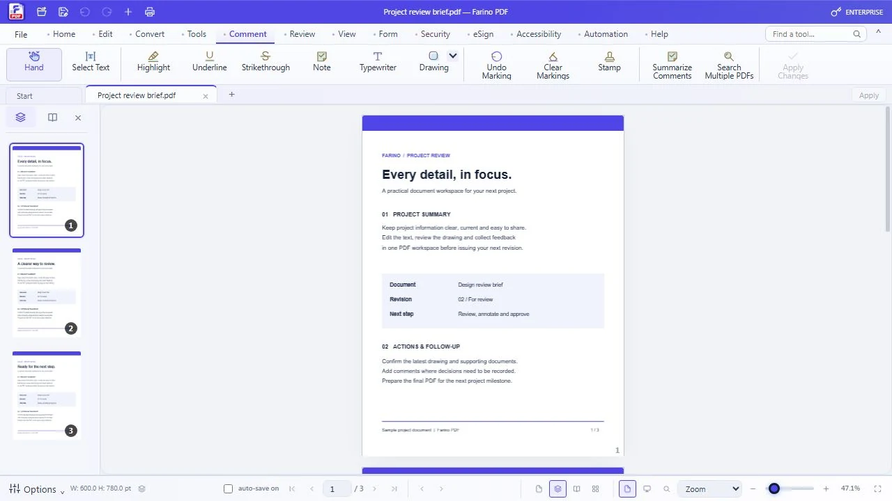 Farino PDF workspace showing a project review document with page thumbnails and the Comment ribbon